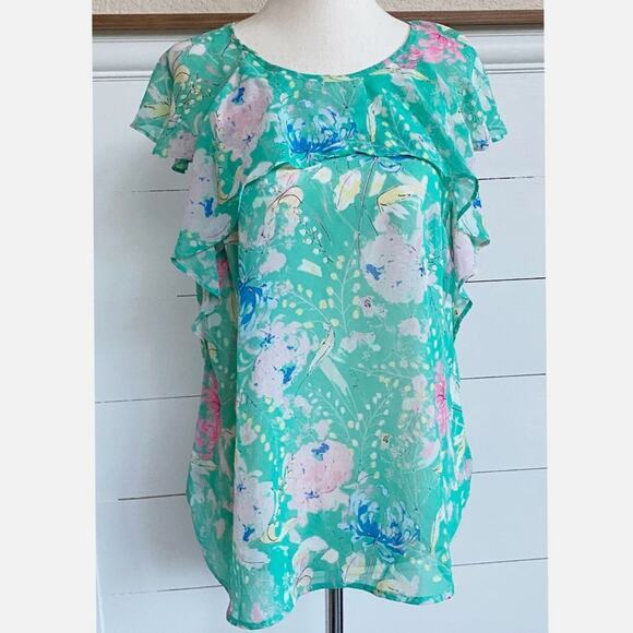 I Heart Ronson Flutter-Sleeve Top Green Peony Spring Blouse -S EUC - Picture 9 of 11